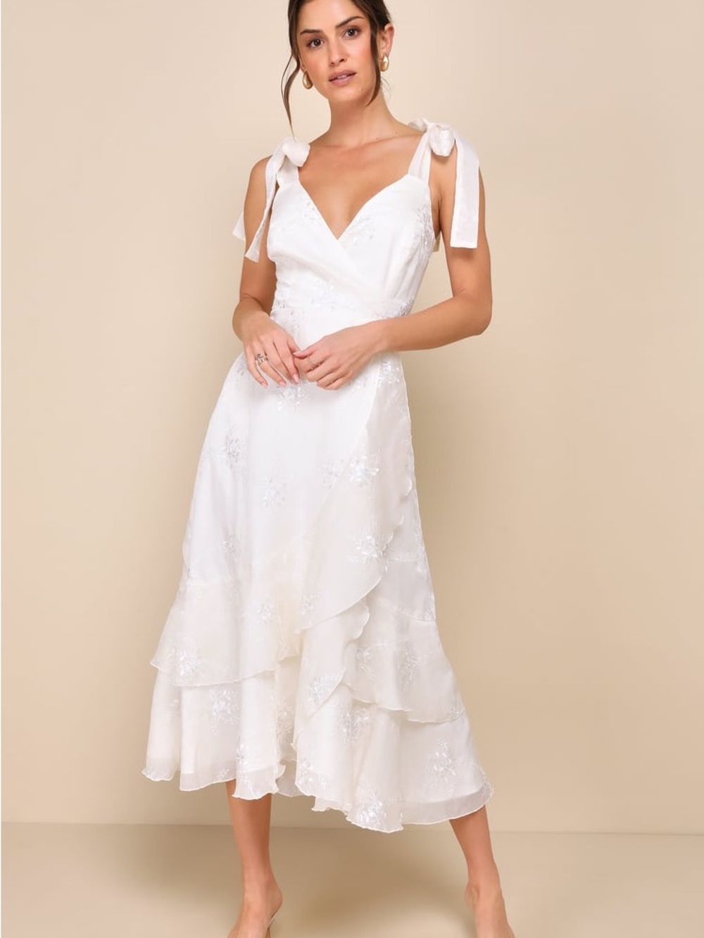 Lulu's Ivory Tie-Shoulder V-Neck Tiered Midi Dress